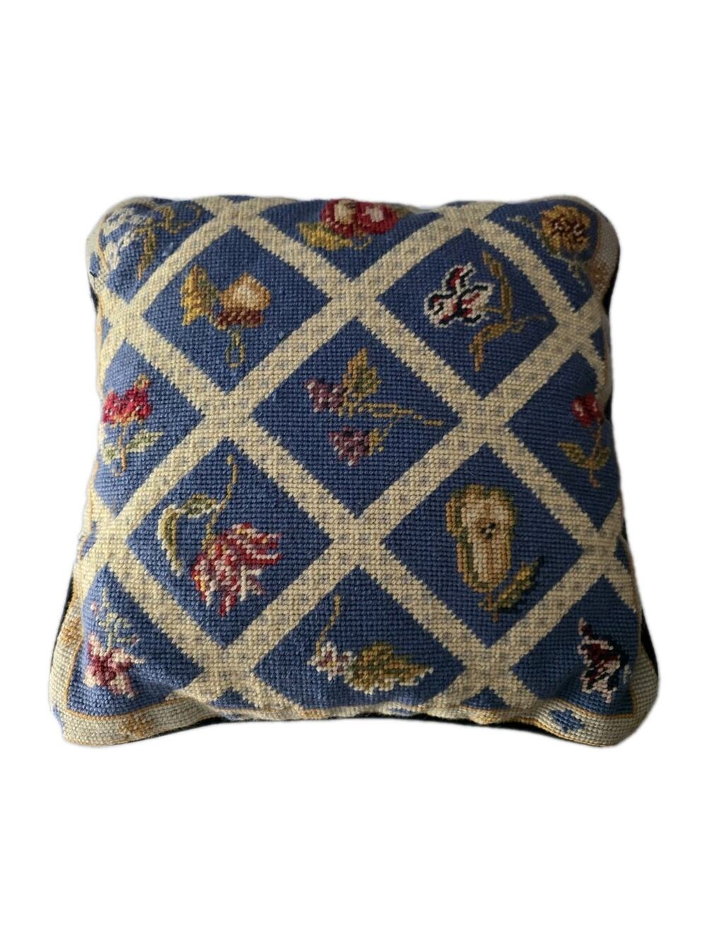 Needlepoint Lattice Pattern Pillow Wool/Cotton Velvet Vintage Fruit Acorn Flower